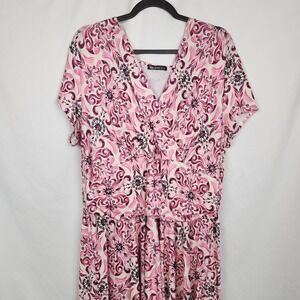 Koh Koh‎ Maxi Dress 4X Pink Floral V-Neck Short Sleeve Flowy Long Soft Stretch